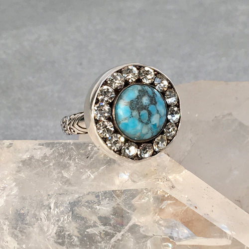 Blue Glass with Rhinestone Border Narrow band ring Size 7