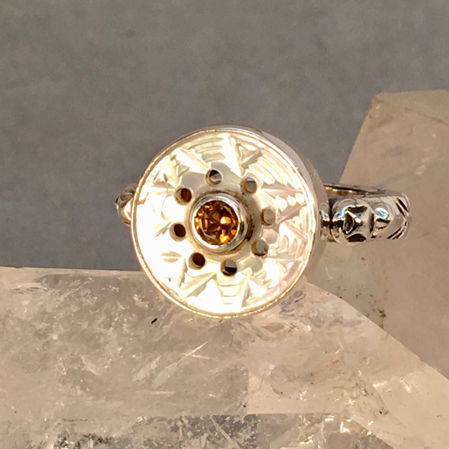 Carved Victorian Pearl with Citrine Facet Center Ring Size 7
