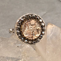 Carved Shell Village Scene w/ Steel Facet Rim Button Ring Size 8