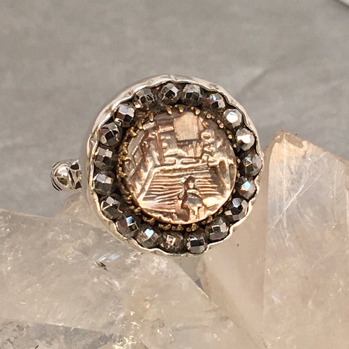 Carved Shell Village Scene w/ Steel Facet Rim Button Ring Size 8