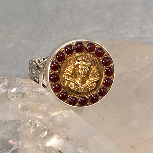 Victorian Metal Raised Head with Red Enamel Border Button Ring Size 7.5