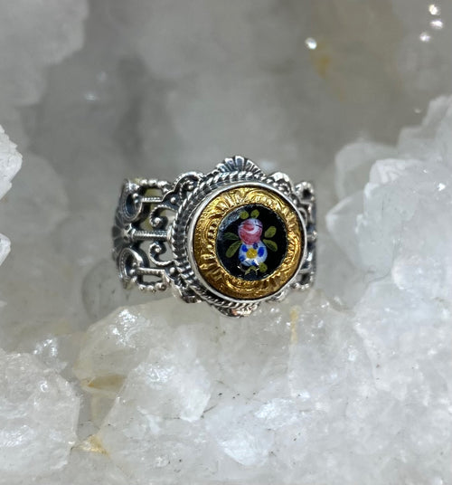 Antique Button Hand Painted Enamel set in Filigree Sterling Silver  Ring Size 8-1/2
