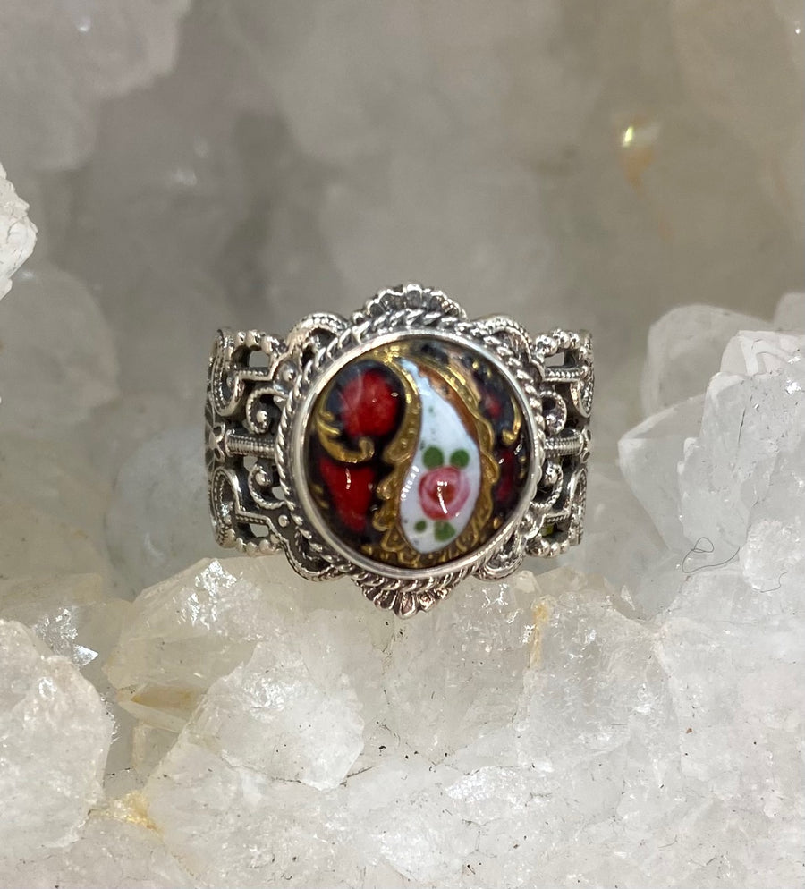 Antique Button Hand Painted Enamel set in Filigree Sterling Silver  Ring Size 7