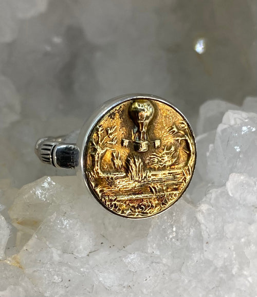 Antique Button Picture Metal Hot Air Baloon set in Sterling Silver  Ring Size 7-3/4