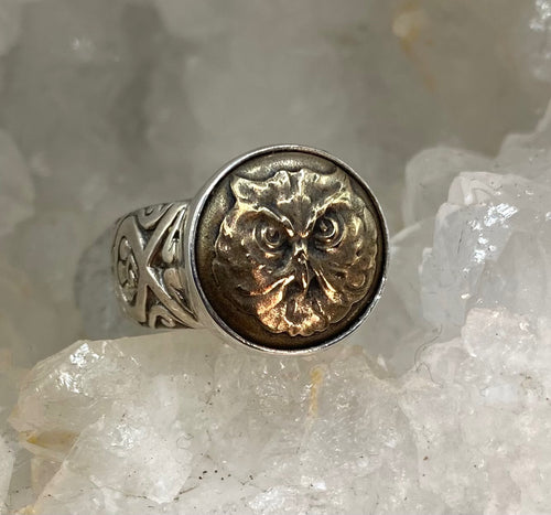 Antique Button Picture Metal Owl set in Sterling Silver  Ring Size 7-1/2