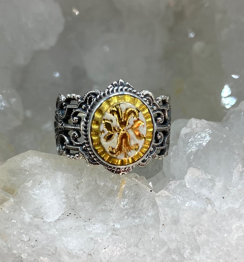 Antique Fancy Brass Button set in Sterling Silver  Ring Size 8-1/4