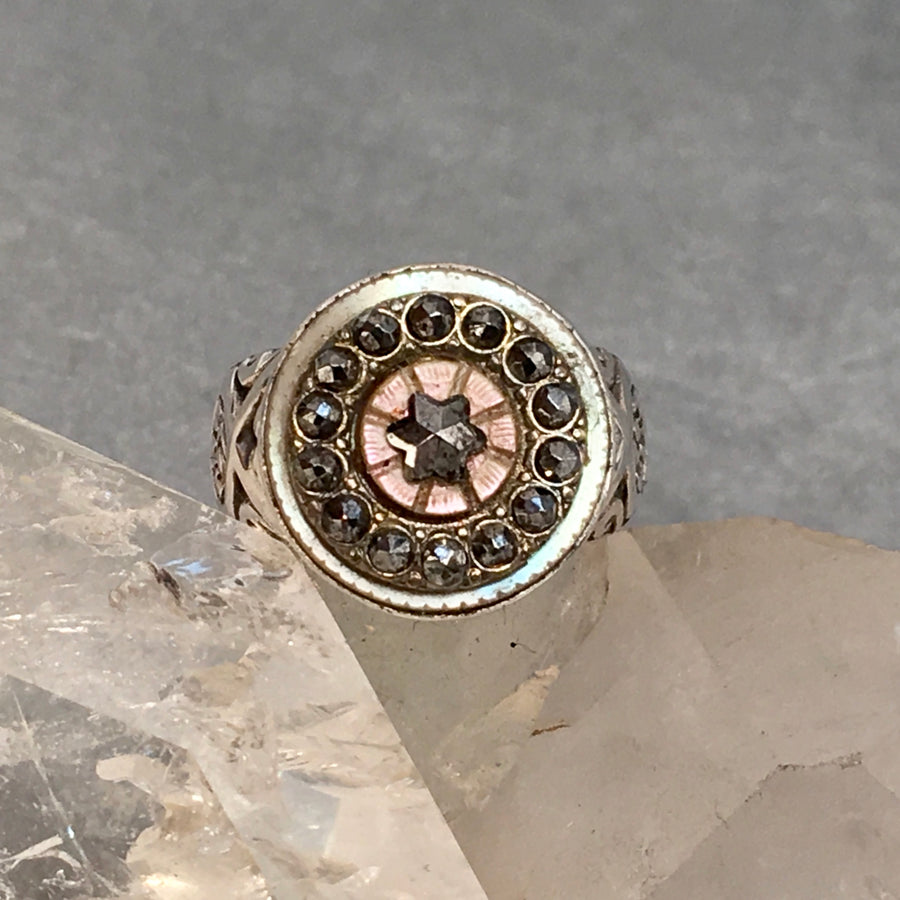 Victorian Steel Facet Border & Star  w/ Shell Button Ring Size 7.5