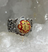 Antique Button Hand Czech Lacy Glass set in Sterling Silver  Ring Size 8
