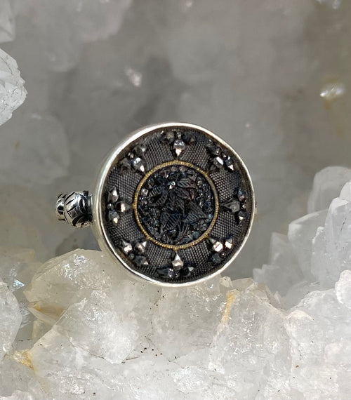 Antique Button Hand Czech Lacy Glass set in Sterling Silver  Ring Size 7