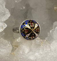Antique Button Hand Painted Enamel Domed set in Sterling Silver  Ring Size 7