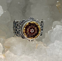 Antique Button Czech Glass in Metal  set in  Filigree Sterling Silver  Ring Size 7-1/4