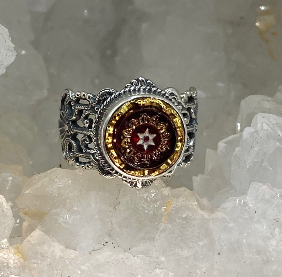 Antique Button Czech Glass in Metal  set in  Filigree Sterling Silver  Ring Size 7-1/4