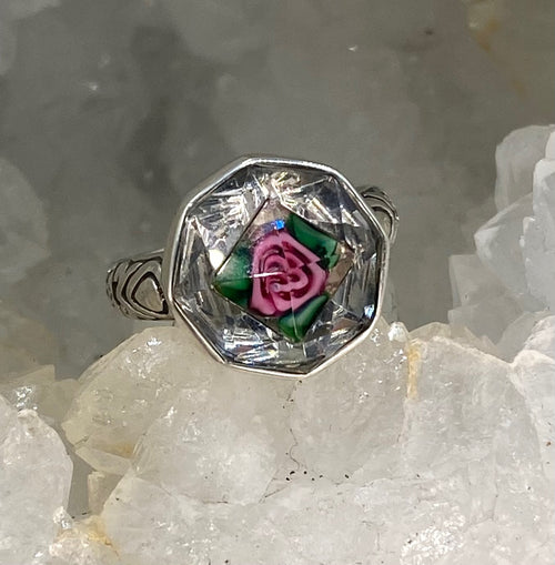 Antique Button Czech Rose Center  Glass set in  Sterling Silver  Ring Size 7