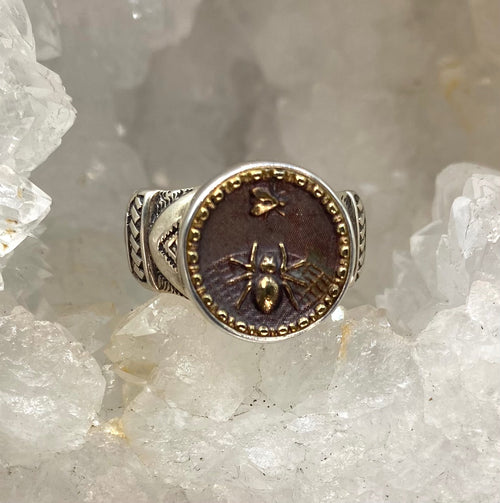 Antique Button Spider and Fly Metal set in  Sterling Silver  Ring Size 8 -1/2