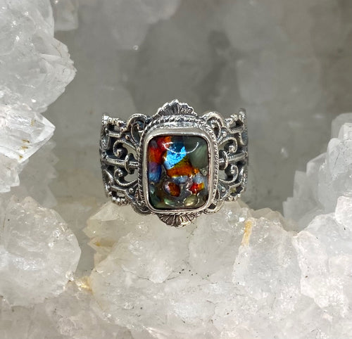 Leo Popper Victorian Glass Button set in Filigree Sterling Silver  Size 7