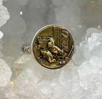 Antique Button Picture Metal  Farm Image set in  Sterling Silver  Ring Size 7-1/2