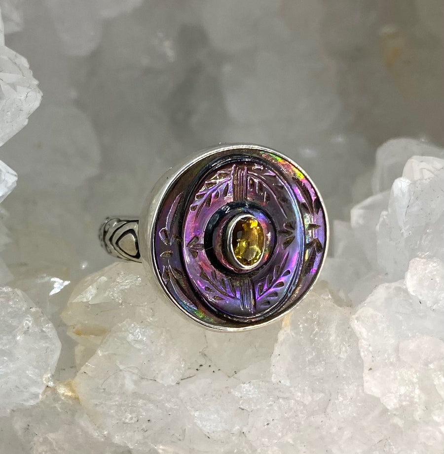 Victorian Carved  Shell Button with Tourmaline Center Set in Sterling Silver ring Size 8
