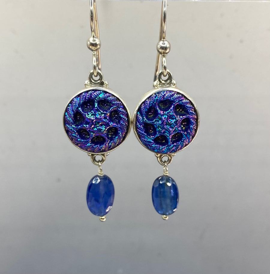 Luster Glass Button Earrings w/ Kyanite Stone Accent set in Sterling Silver