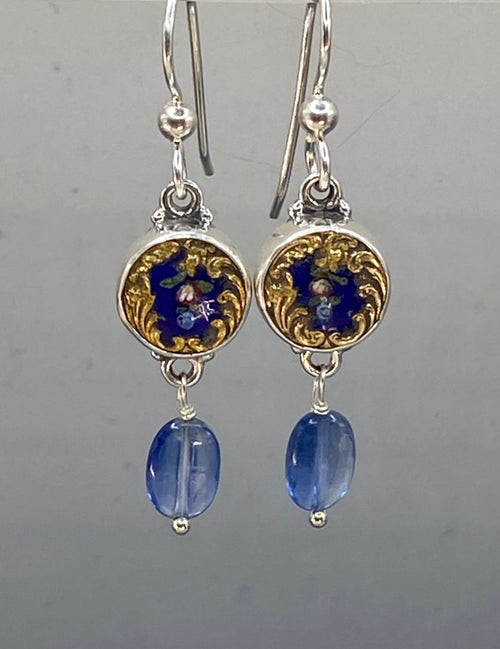 Victorian Hand Painted Enamel Button set in Sterling Silver with Apetite  Stone Accent