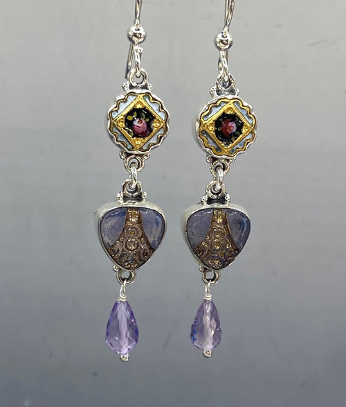 Victorian Carved Metal Button & Peacock Czech Glass set in Sterling Silver with Ethiopian Opal Stone Accent