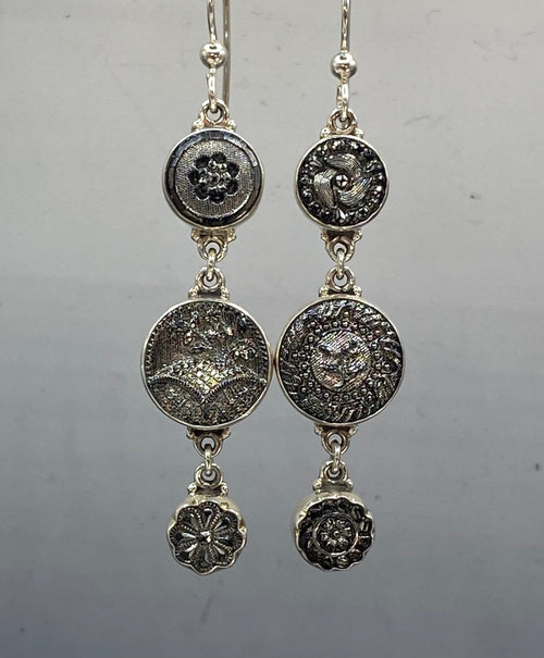 Victorian Assymetrical Button Earrings set in Sterling Silver