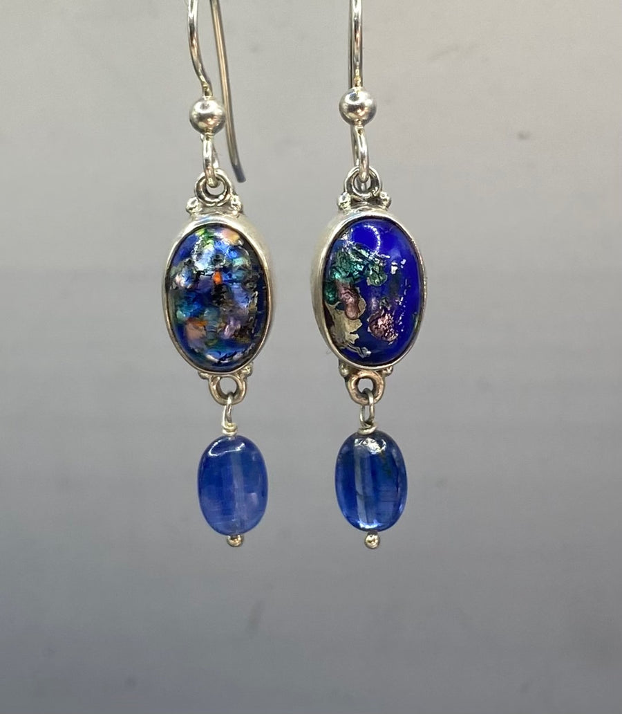 Leo Popper Glass Button Earrings w/ Kyanite Stone Accent set in Sterling Silver