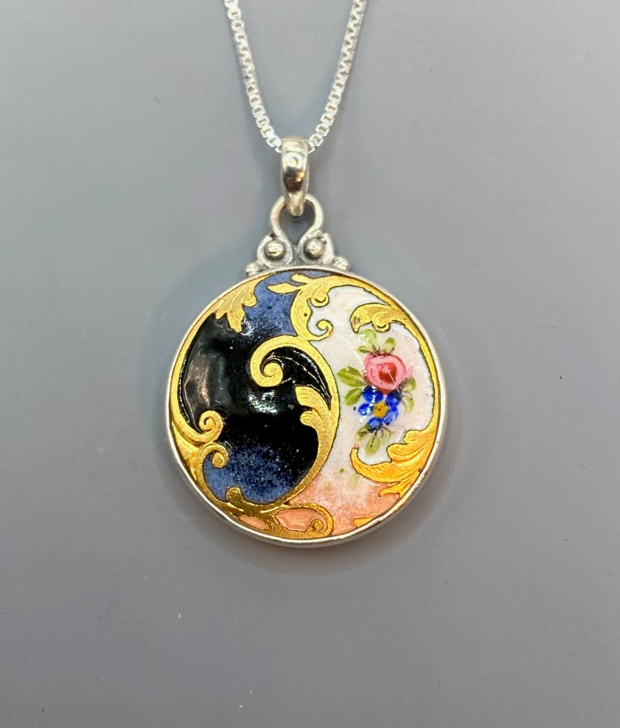 Victorian Hand Painted Enamel Button Set in Sterling Silver With Sterling Silver Box Chain