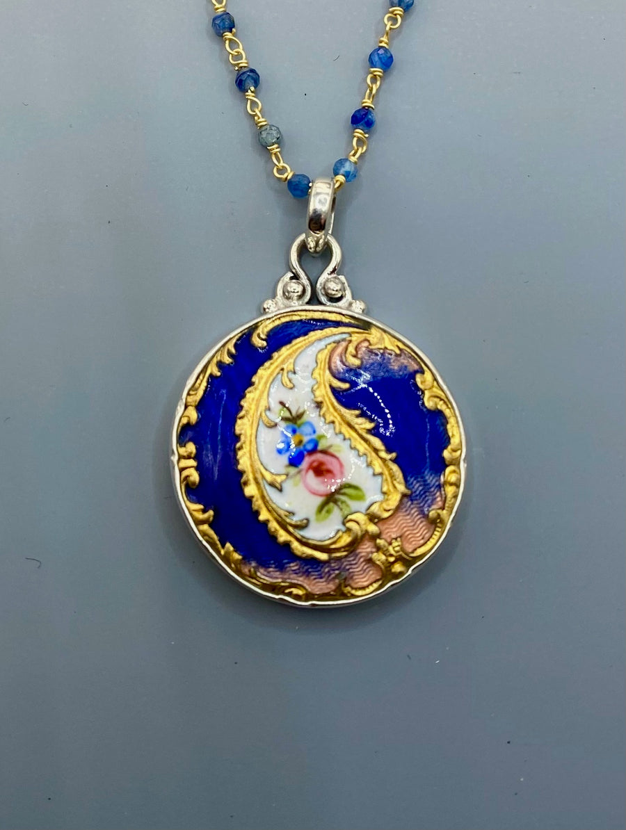 Victorian Hand Painted Enamel Button Set in Sterling Silver With Kyanite Facet Stone Rosary Accent