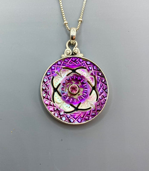 Victorian Carved Shell Pearl Button Set in Sterling Silver With  Satellite Sterling Chain