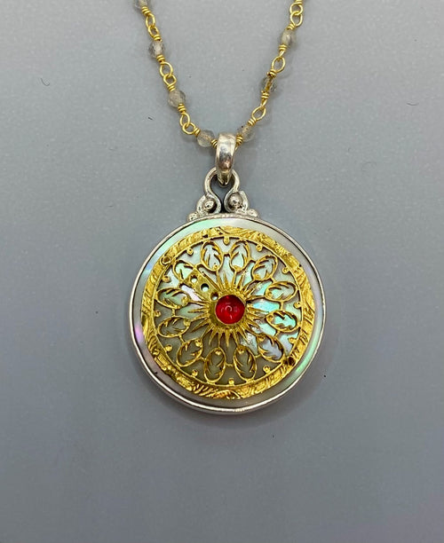 Victorian Carved Shell Pearl  with Brass Filigree Overlay Button Set in Sterling Silver With Labradorite Rosary Chain