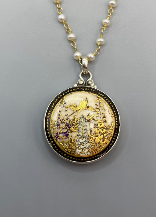 Satsuma Hand Painted Porcelain Button Set in Sterling Silver With  Pearl Rosary Accent