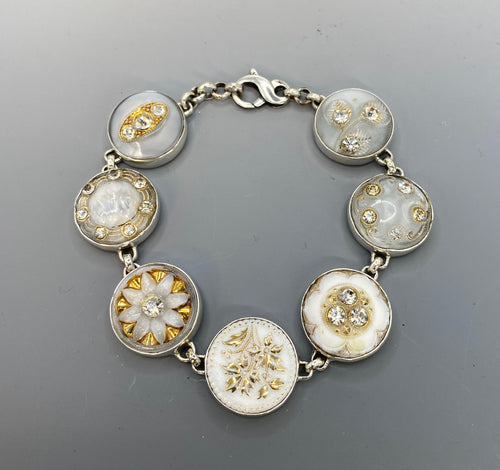 Victorian Czech Republic White w/ Gold Glass Button Bracelet