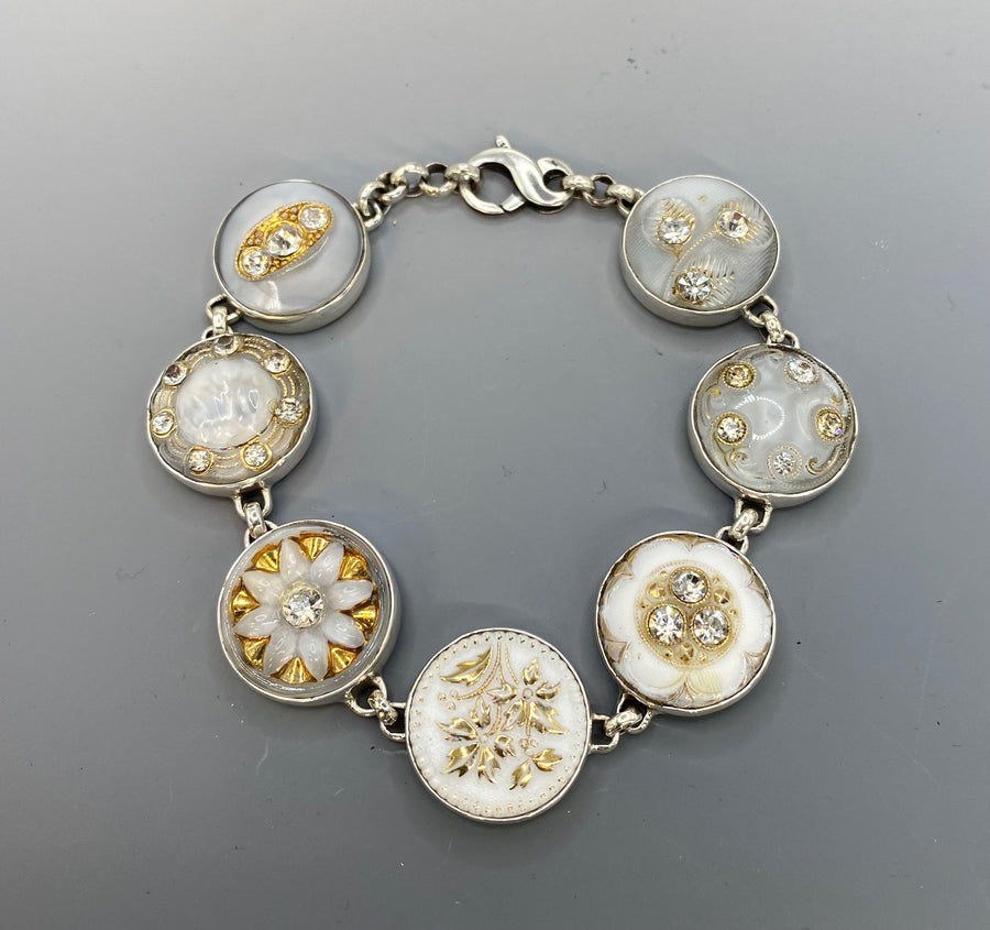 Victorian Czech Republic White w/ Gold Glass Button Bracelet