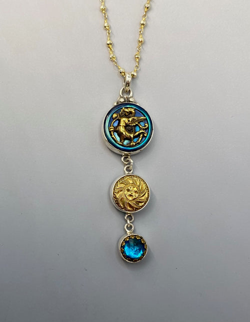 Victorian Picture Metal Dragon Button w/ Glass in Metal & Golden Age Button Pendant w/ Pyrrite facet Stone Rosary