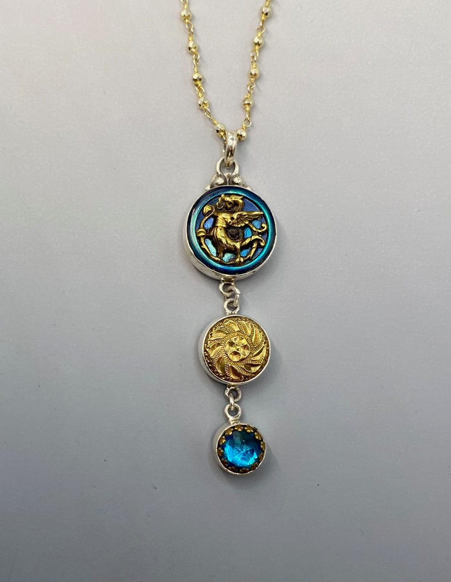 Victorian Picture Metal Dragon Button w/ Glass in Metal & Golden Age Button Pendant w/ Pyrrite facet Stone Rosary