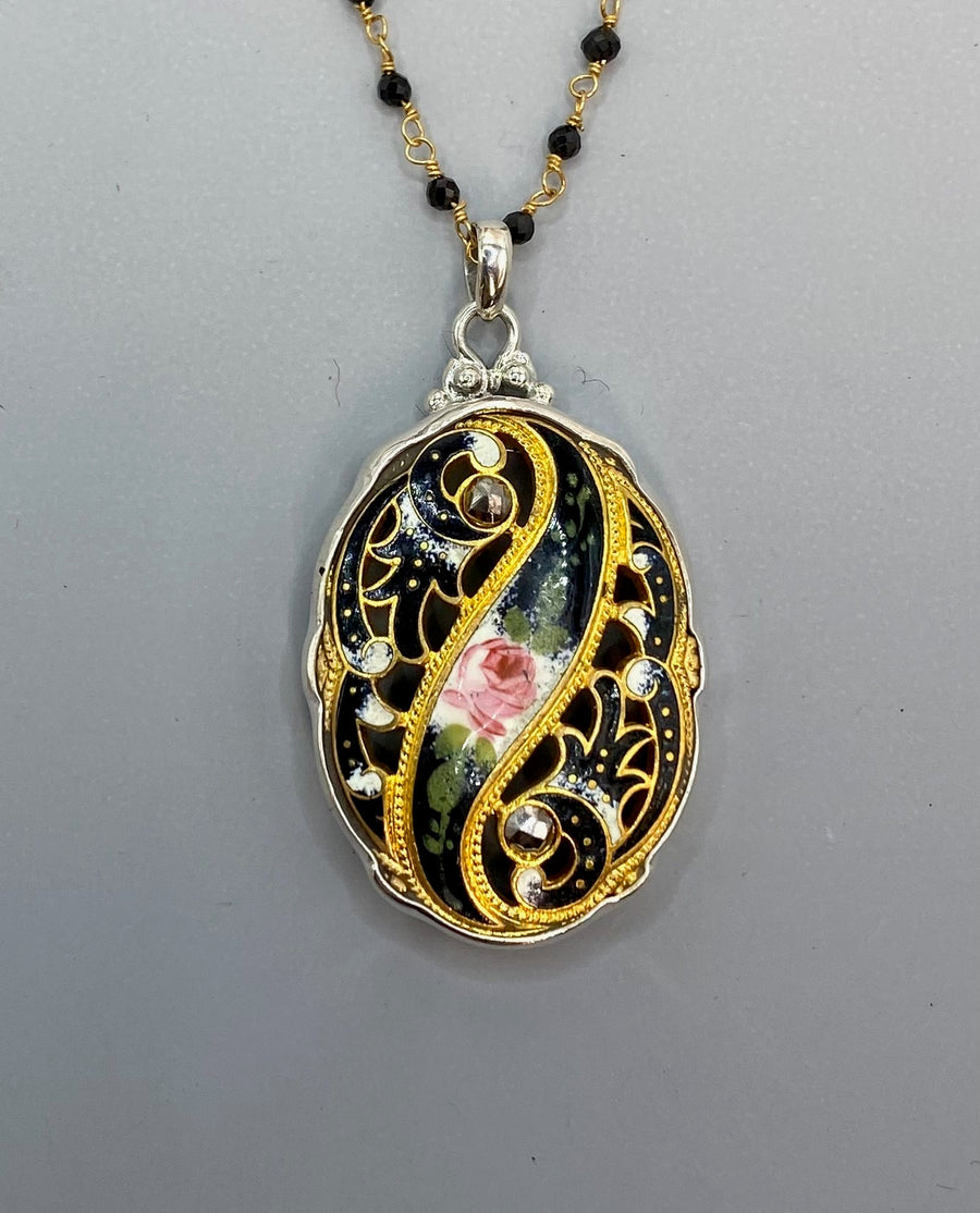 Victorian Hand Painted Enamel Button Set in Sterling Silver With Black Spinnel Rosary Chain