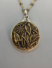 Victorian Picture Metal Bee Spider Web Image set in Sterling Silver w/ Facet Garnet Rosary