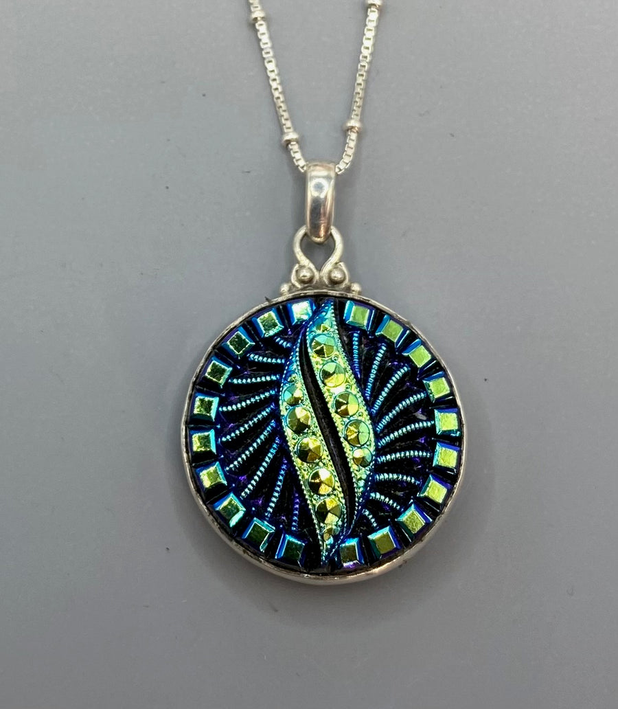Victorian Czech Luster Glass Button Set in Sterling Silver With Sterling Silver Chain
