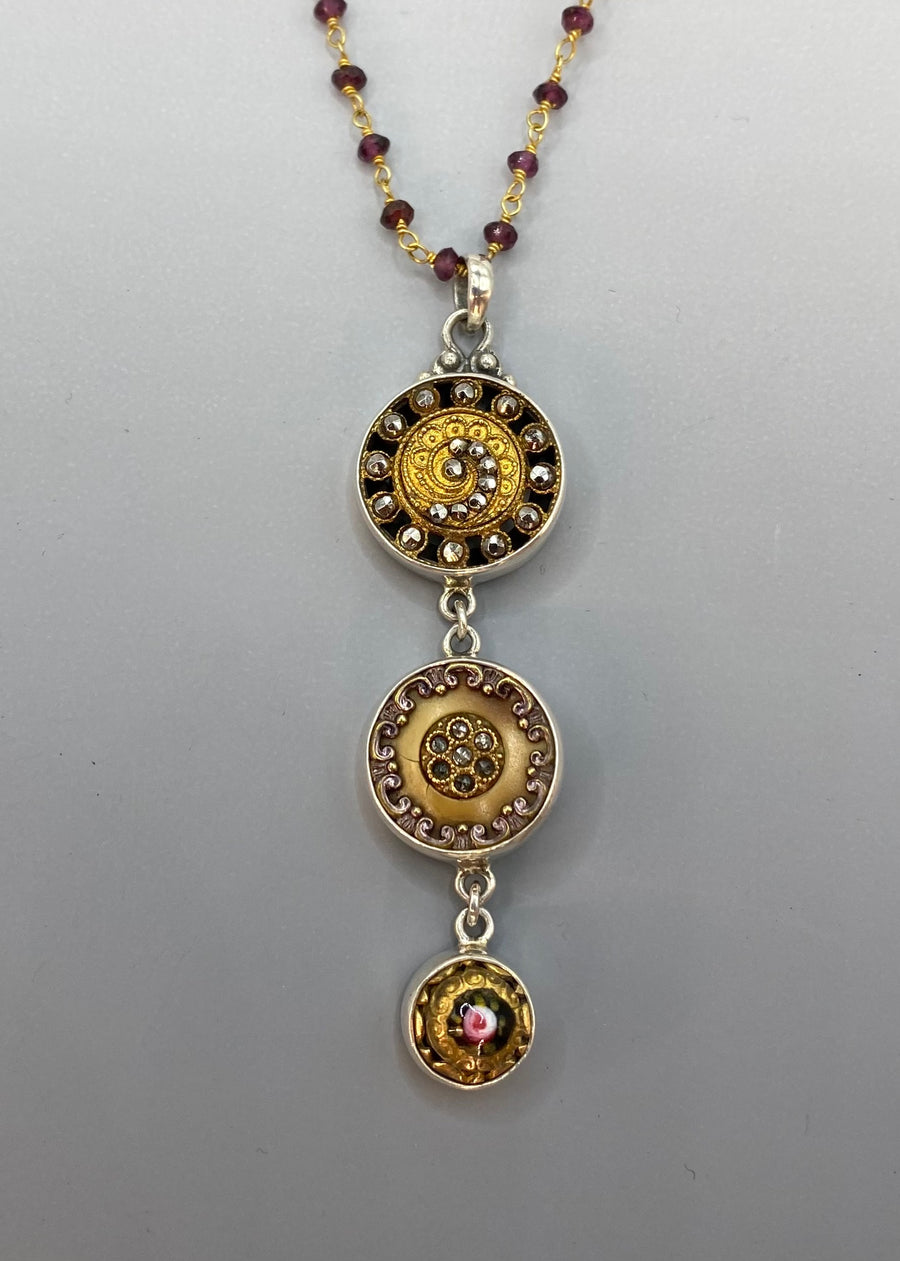 Victorian  Button Ornate metal, Celluloid & Enamel Button Pendant w/ Garnet facet Stone Rosary