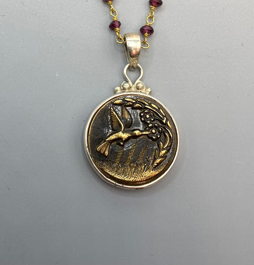 Victorian Picture Metal Hummingbird Image set in Sterling Silver w/ Facet Garnet Rosary