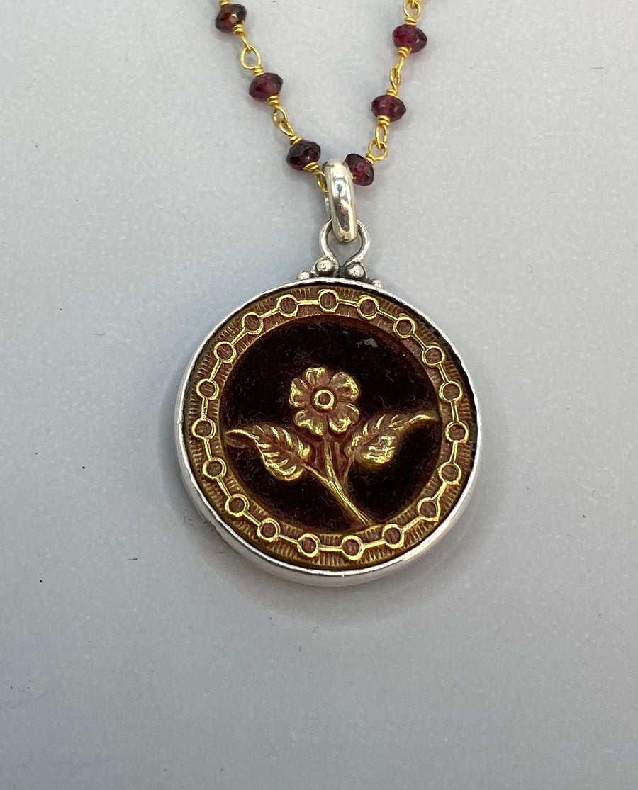 Victorian Velvet Perfume Button set in Sterling Silver w/ Facet Garnet Rosary