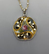 Victorian Hand Painted Enamel Button Set in Sterling Silver With Pearl Rosary Chain