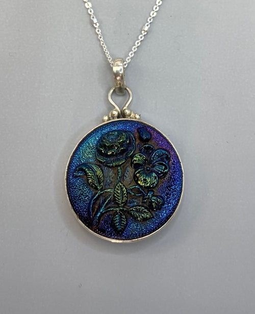 Victorian Czech Luster Glass Button Set in Sterling Silver With Sterling Silver Chain