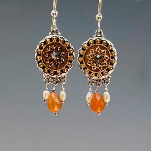 Victorian Metal With Steel Facet Rim Button Set in Sterling Silver with Carnelian and Pearl Accent