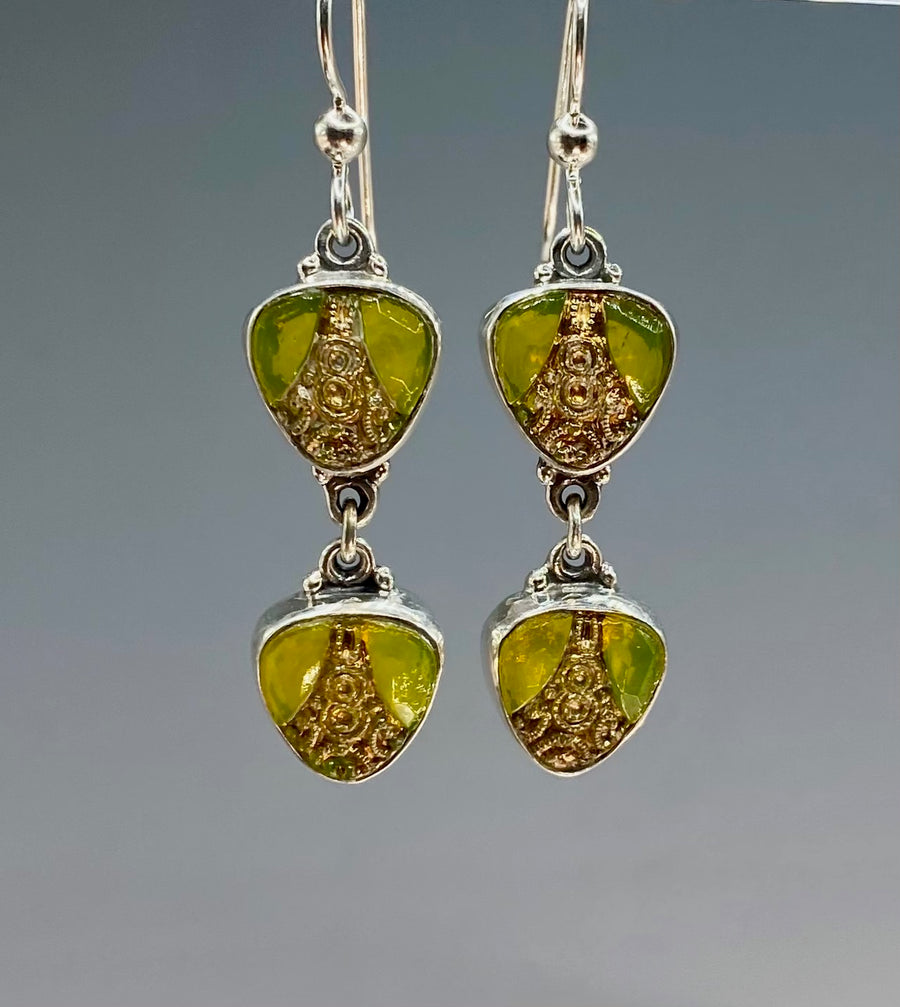 Czech Glass Double Button earring set in Sterling Silver