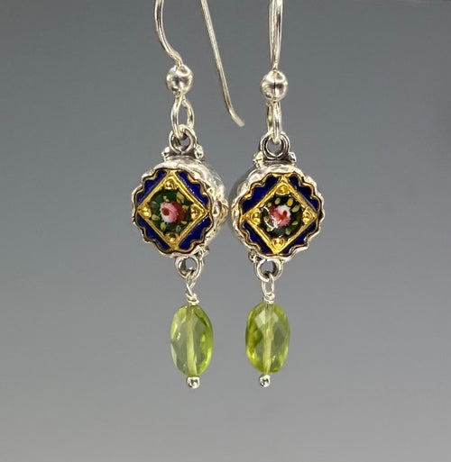 Victorian Hand Painted Enamel  Button set in Sterling Silver Earring w/ Peridot Accent