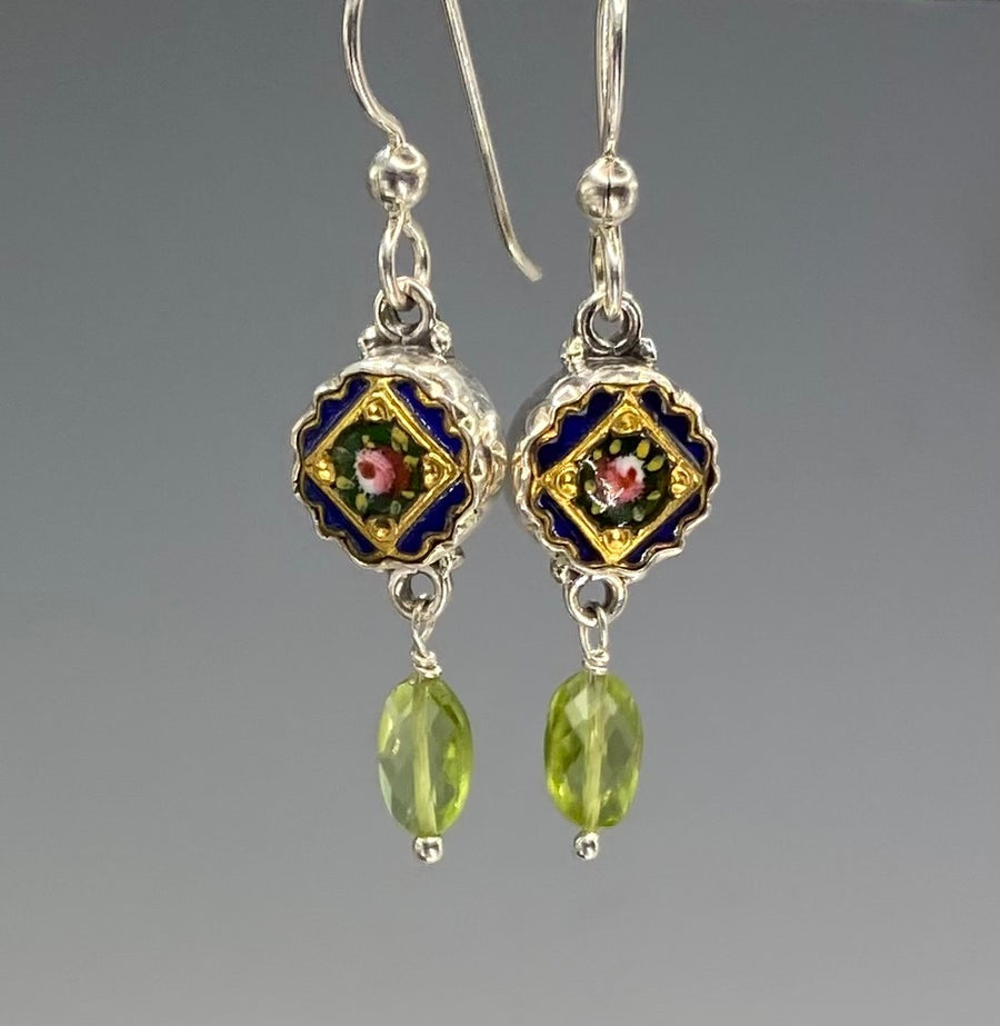 Victorian Hand Painted Enamel  Button set in Sterling Silver Earring w/ Peridot Accent