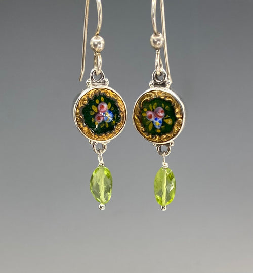 Victorian Hand Painted Enamel  Button set in Sterling Silver Earring w/ Peridot Accent