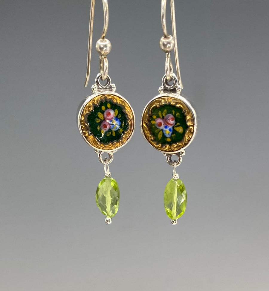 Victorian Hand Painted Enamel  Button set in Sterling Silver Earring w/ Peridot Accent
