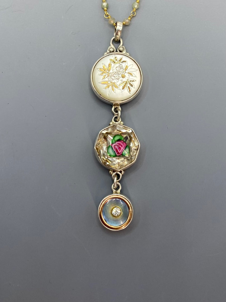 Victorian  Button Ornate metal, Carved Shell & Czech Glass Button Pendant w/ Labradorite facet Stone Rosary